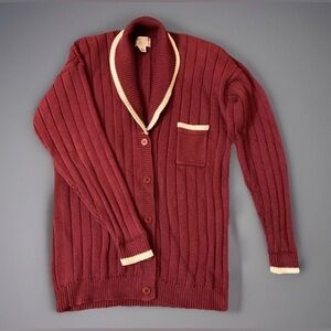 Vtg Collegiate Ribbed Knit Burgundy Button Cardigan Shawl Collar Cream Trim Sz M